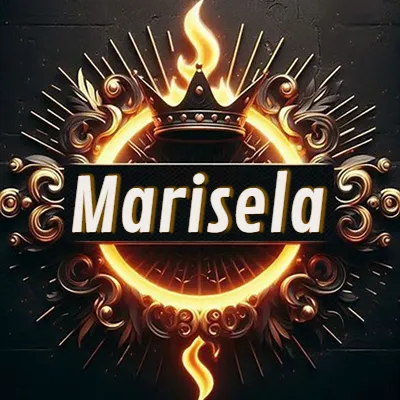 Diseño circular real con adornos dorados, llama de fuego detrás de una corona negra pequeña y nombre en blanco. - Marisela