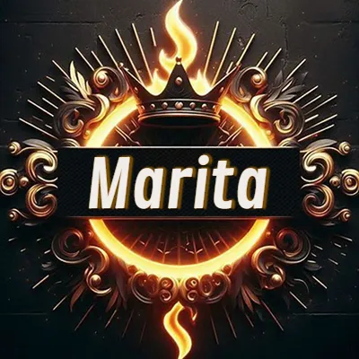 Diseño circular real con adornos dorados, llama de fuego detrás de una corona negra pequeña y nombre en blanco. - Marita