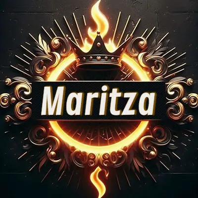 Diseño circular real con adornos dorados, llama de fuego detrás de una corona negra pequeña y nombre en blanco. - Maritza Diseño circular real con adornos dorados, llama de fuego detrás de una corona negra pequeña y nombre en blanco. - Maritza