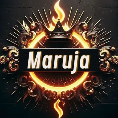 Diseño circular real con adornos dorados, llama de fuego detrás de una corona negra pequeña y nombre en blanco. - Maruja