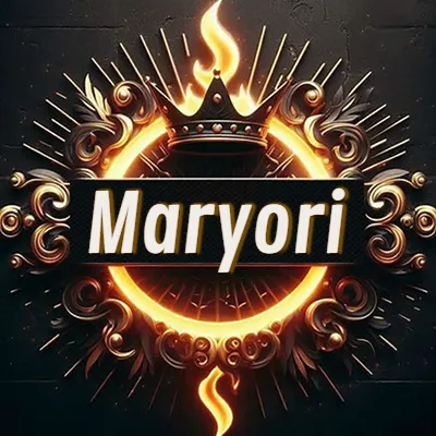 Diseño circular real con adornos dorados, llama de fuego detrás de una corona negra pequeña y nombre en blanco. - Mary