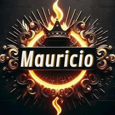 Diseño circular real con adornos dorados, llama de fuego detrás de una corona negra pequeña y nombre en blanco. - Mauricio