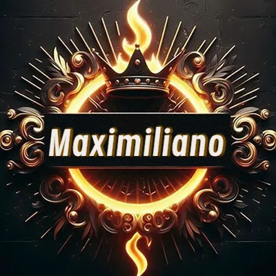 Diseño circular real con adornos dorados, llama de fuego detrás de una corona negra pequeña y nombre en blanco. - Maximiliano