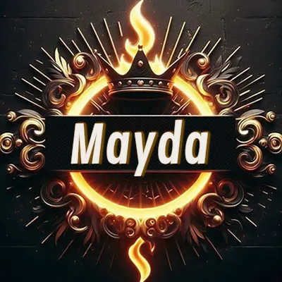 Diseño circular real con adornos dorados, llama de fuego detrás de una corona negra pequeña y nombre en blanco. - Mayda