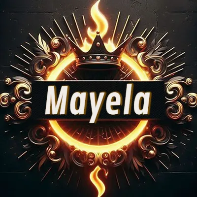 Diseño circular real con adornos dorados, llama de fuego detrás de una corona negra pequeña y nombre en blanco. - Mayela