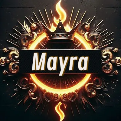 Diseño circular real con adornos dorados, llama de fuego detrás de una corona negra pequeña y nombre en blanco. - Mayra