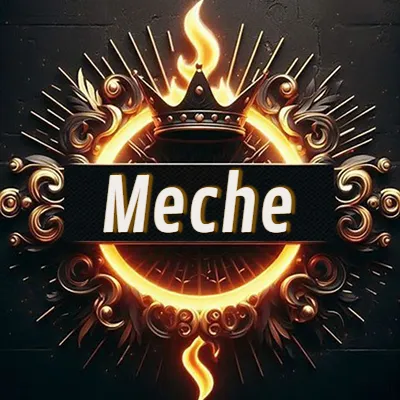 Diseño circular real con adornos dorados, llama de fuego detrás de una corona negra pequeña y nombre en blanco. - Meche