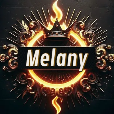 Diseño circular real con adornos dorados, llama de fuego detrás de una corona negra pequeña y nombre en blanco. - Melany