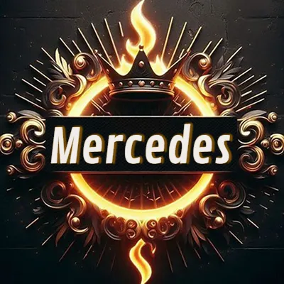 Diseño circular real con adornos dorados, llama de fuego detrás de una corona negra pequeña y nombre en blanco. - Mercedes