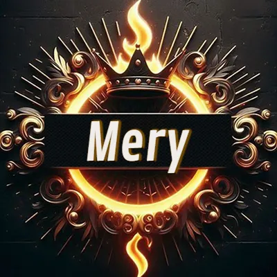 Diseño circular real con adornos dorados, llama de fuego detrás de una corona negra pequeña y nombre en blanco. - Mery