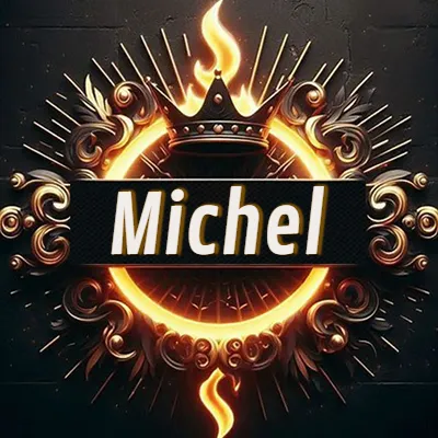 Diseño circular real con adornos dorados, llama de fuego detrás de una corona negra pequeña y nombre en blanco. - Michel