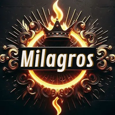 Diseño circular real con adornos dorados, llama de fuego detrás de una corona negra pequeña y nombre en blanco. - Milagros