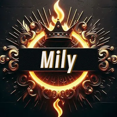 Diseño circular real con adornos dorados, llama de fuego detrás de una corona negra pequeña y nombre en blanco. - Mily