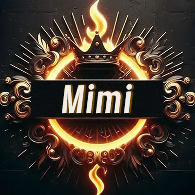 Diseño circular real con adornos dorados, llama de fuego detrás de una corona negra pequeña y nombre en blanco. - Mimi