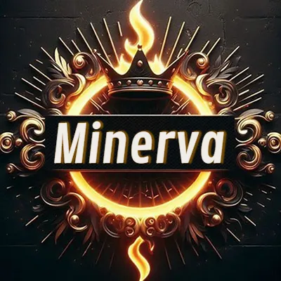 Diseño circular real con adornos dorados, llama de fuego detrás de una corona negra pequeña y nombre en blanco. - Minerva