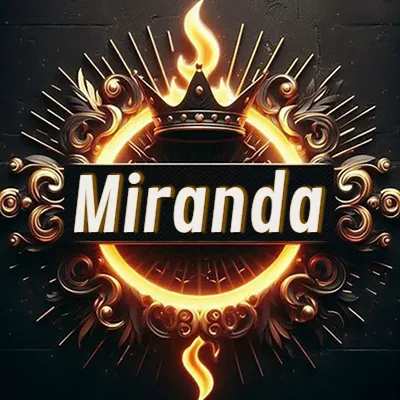 Diseño circular real con adornos dorados, llama de fuego detrás de una corona negra pequeña y nombre en blanco. - Miranda