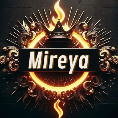 Diseño circular real con adornos dorados, llama de fuego detrás de una corona negra pequeña y nombre en blanco. - Mireya