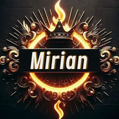 Diseño circular real con adornos dorados, llama de fuego detrás de una corona negra pequeña y nombre en blanco. - Mirian