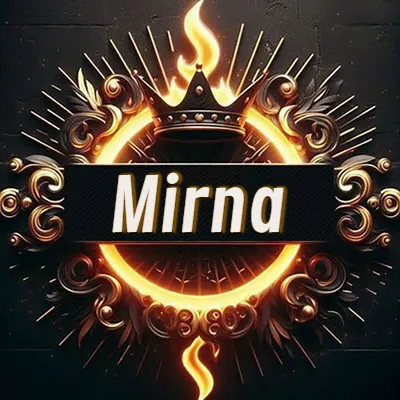 Diseño circular real con adornos dorados, llama de fuego detrás de una corona negra pequeña y nombre en blanco. - Mirna