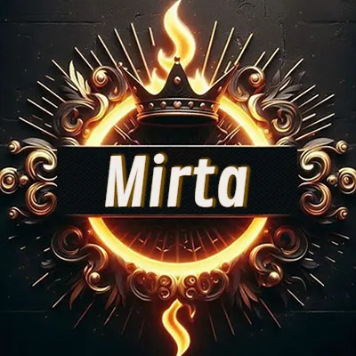 Diseño circular real con adornos dorados, llama de fuego detrás de una corona negra pequeña y nombre en blanco. - Mirta