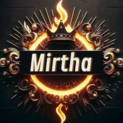 Diseño circular real con adornos dorados, llama de fuego detrás de una corona negra pequeña y nombre en blanco. - Mirtha Diseño circular real con adornos dorados, llama de fuego detrás de una corona negra pequeña y nombre en blanco. - Mirtha