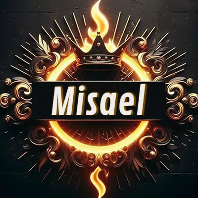Diseño circular real con adornos dorados, llama de fuego detrás de una corona negra pequeña y nombre en blanco. - Misael Diseño circular real con adornos dorados, llama de fuego detrás de una corona negra pequeña y nombre en blanco. - Misael