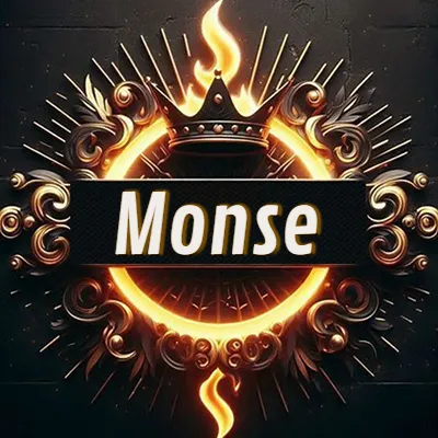 Diseño circular real con adornos dorados, llama de fuego detrás de una corona negra pequeña y nombre en blanco. - Monse Diseño circular real con adornos dorados, llama de fuego detrás de una corona negra pequeña y nombre en blanco. - Monse