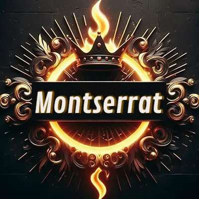 Diseño circular real con adornos dorados, llama de fuego detrás de una corona negra pequeña y nombre en blanco. - Montserrat