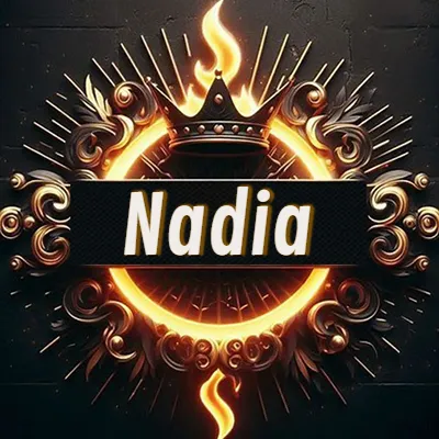 Diseño circular real con adornos dorados, llama de fuego detrás de una corona negra pequeña y nombre en blanco. - Nadia