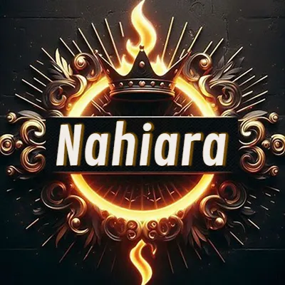 Diseño circular real con adornos dorados, llama de fuego detrás de una corona negra pequeña y nombre en blanco. - Nahiara