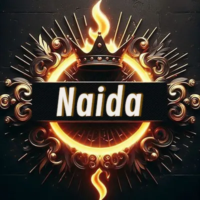 Diseño circular real con adornos dorados, llama de fuego detrás de una corona negra pequeña y nombre en blanco. - Naida