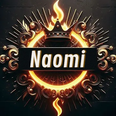 Diseño circular real con adornos dorados, llama de fuego detrás de una corona negra pequeña y nombre en blanco. - Naomi