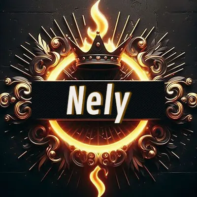 Diseño circular real con adornos dorados, llama de fuego detrás de una corona negra pequeña y nombre en blanco. - Nely Diseño circular real con adornos dorados, llama de fuego detrás de una corona negra pequeña y nombre en blanco. - Nely