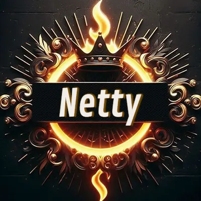 Diseño circular real con adornos dorados, llama de fuego detrás de una corona negra pequeña y nombre en blanco. - Netty