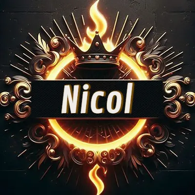 Diseño circular real con adornos dorados, llama de fuego detrás de una corona negra pequeña y nombre en blanco. - Nicol