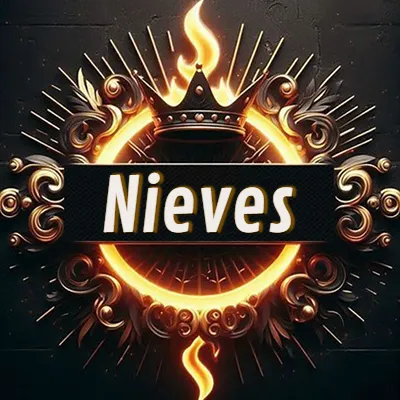 Diseño circular real con adornos dorados, llama de fuego detrás de una corona negra pequeña y nombre en blanco. - Nieves