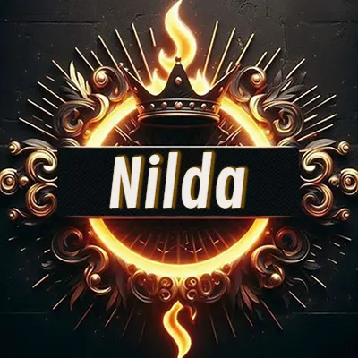 Diseño circular real con adornos dorados, llama de fuego detrás de una corona negra pequeña y nombre en blanco. - Nilda