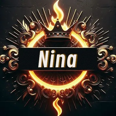 Diseño circular real con adornos dorados, llama de fuego detrás de una corona negra pequeña y nombre en blanco. - Nina