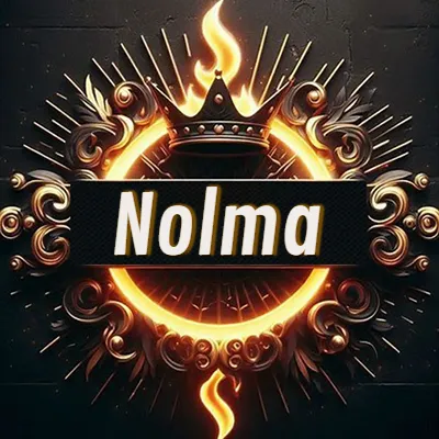 Diseño circular real con adornos dorados, llama de fuego detrás de una corona negra pequeña y nombre en blanco. - Nolma