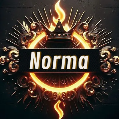 Diseño circular real con adornos dorados, llama de fuego detrás de una corona negra pequeña y nombre en blanco. - Norma