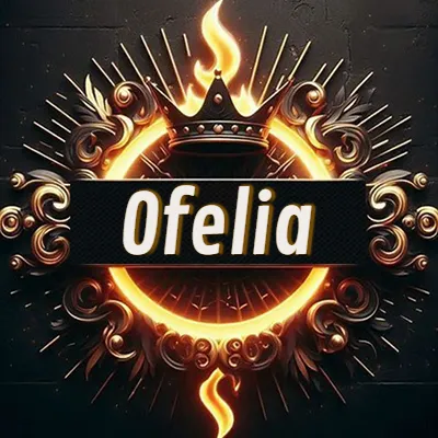 Diseño circular real con adornos dorados, llama de fuego detrás de una corona negra pequeña y nombre en blanco. - Ofelia