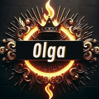 Diseño circular real con adornos dorados, llama de fuego detrás de una corona negra pequeña y nombre en blanco. - Olga Diseño circular real con adornos dorados, llama de fuego detrás de una corona negra pequeña y nombre en blanco. - Olga