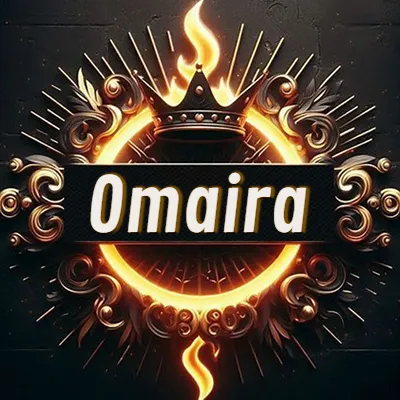 Diseño circular real con adornos dorados, llama de fuego detrás de una corona negra pequeña y nombre en blanco. - Omaira