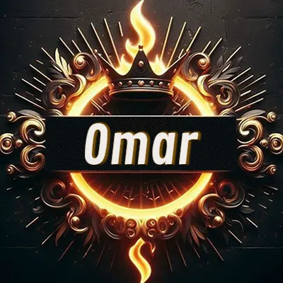 Diseño circular real con adornos dorados, llama de fuego detrás de una corona negra pequeña y nombre en blanco. - Omar