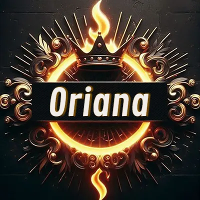 Diseño circular real con adornos dorados, llama de fuego detrás de una corona negra pequeña y nombre en blanco. - Oriana