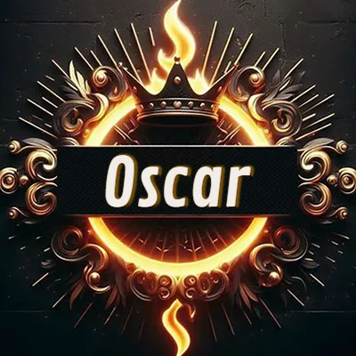 Diseño circular real con adornos dorados, llama de fuego detrás de una corona negra pequeña y nombre en blanco. - Oscar
