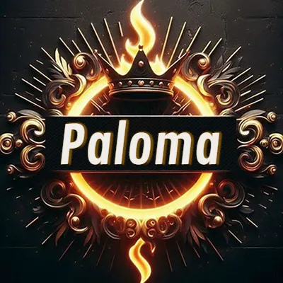 Diseño circular real con adornos dorados, llama de fuego detrás de una corona negra pequeña y nombre en blanco. - Paloma Diseño circular real con adornos dorados, llama de fuego detrás de una corona negra pequeña y nombre en blanco. - Paloma