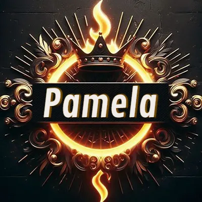 Diseño circular real con adornos dorados, llama de fuego detrás de una corona negra pequeña y nombre en blanco. - Pamela