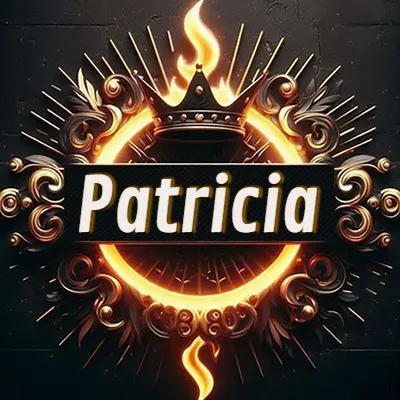 Diseño circular real con adornos dorados, llama de fuego detrás de una corona negra pequeña y nombre en blanco. - Patricia Diseño circular real con adornos dorados, llama de fuego detrás de una corona negra pequeña y nombre en blanco. - Patricia