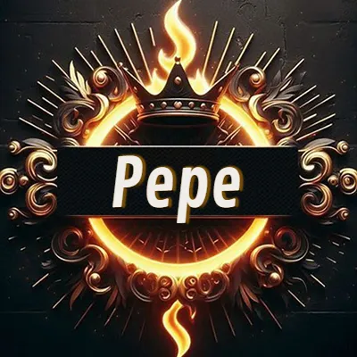 Diseño circular real con adornos dorados, llama de fuego detrás de una corona negra pequeña y nombre en blanco. - Pepe